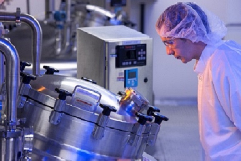 A fermentation reactor used in the production of biologic pharmaceutical ingredients.